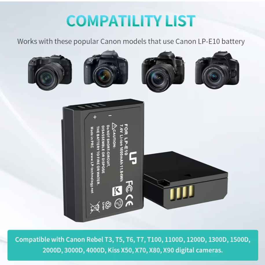 Kit batterie + chargeur double LP-E10 pour Canon EOS Rebel T7 T6 T5 T3 T100 / Dual battery charger