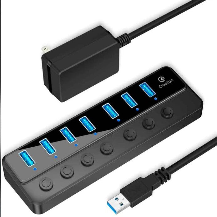 🚀 7-Port USB 3.0 Hub | 5Gbps Transfer | 12V/2A Power | Individual Switches | 3.3ft Cable