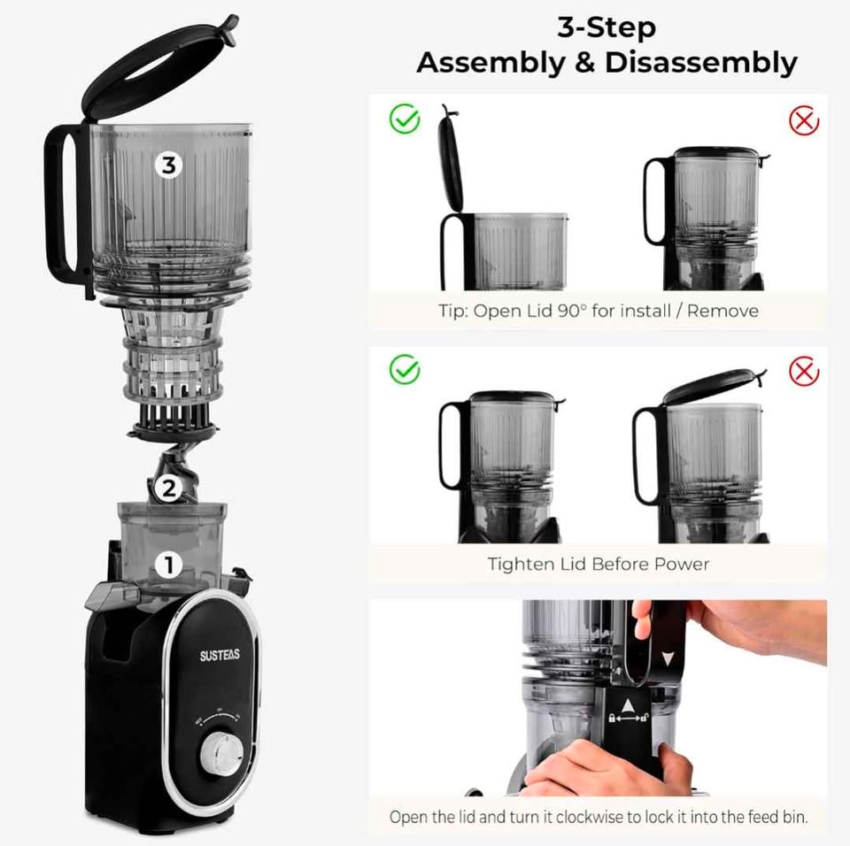 Extracteur à mastication lente SUSTEAS 300W Cold Press 5.3 large ouverture 1.5L juicer