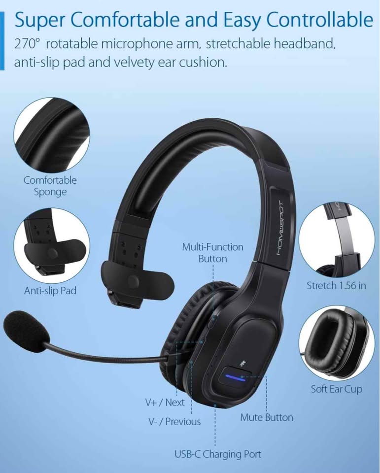 Casque Bluetooth micro rotatif réduction bruit 34h autonomie  Wireless headset noise cancelling 34h