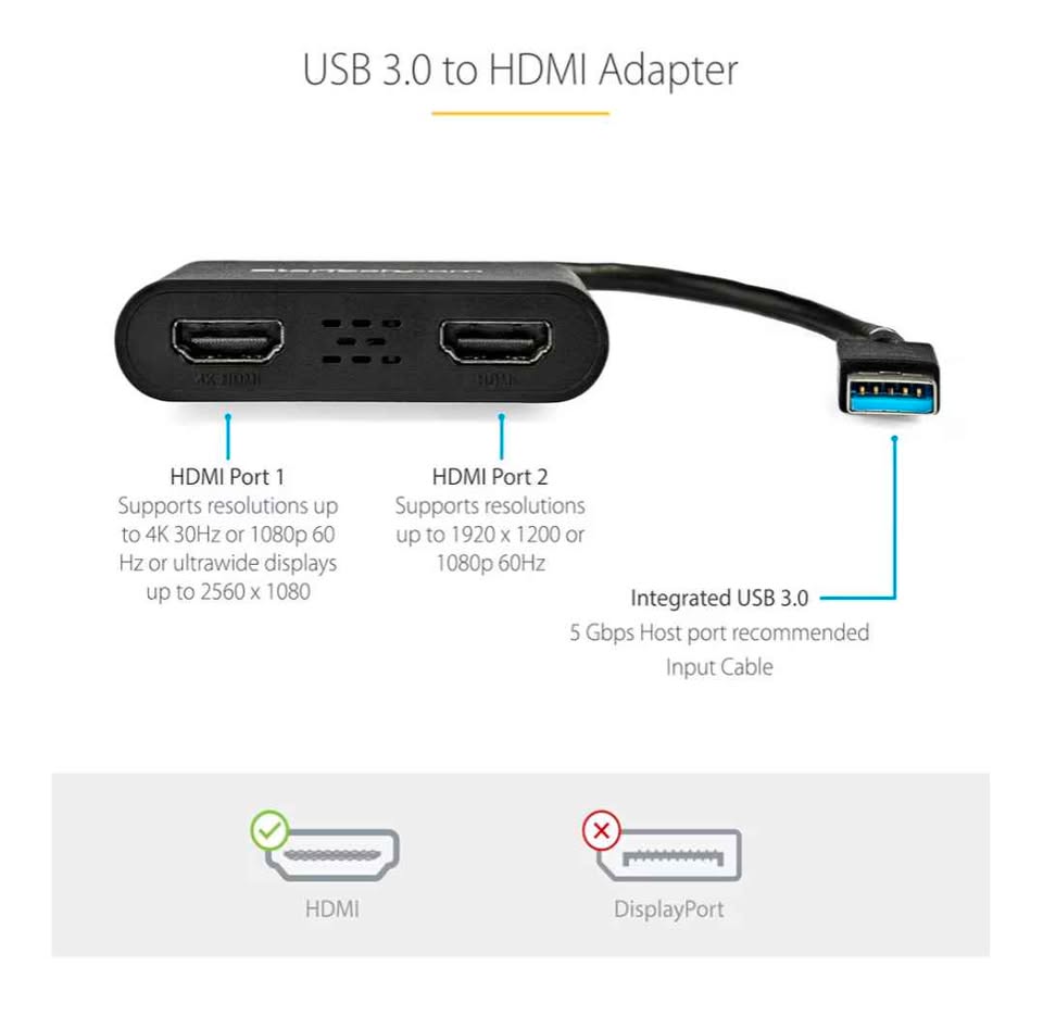 StarTech USB 3.0 to Dual HDMI Adapter 4K Dual Monitor Windows PC Laptop écran double DisplayLink