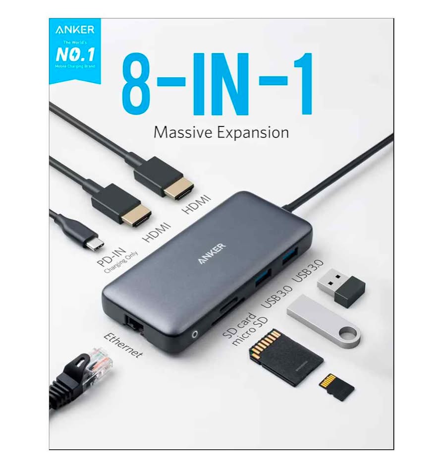 Anker USB-C Hub 8-in-1 Dual HDMI 4K Dock Station PD Ethernet SD Card Reader
