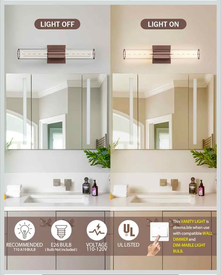 Éclairage mural Vanité Farmhouse Verre Bronze E26 – 2pc  Glass Vanity Wall Sconces Lights 2pk