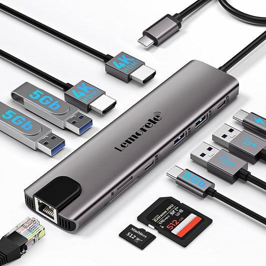Lemorele Hub USB-C 11-en-1 Dual HDMI 4K, 100W PD, Ethernet, USB 3.0  USB-C Docking Station