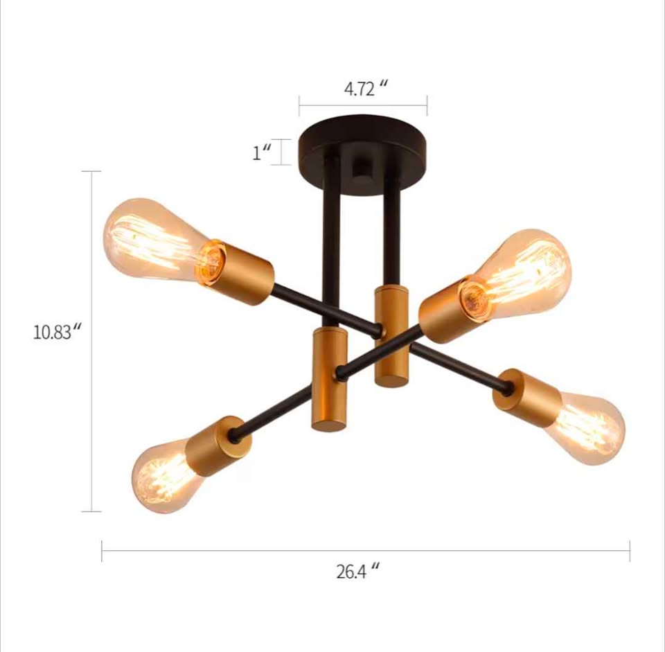 Plafonnier Sputnik 4 Lumières E26 Or Noir  4-Light Sputnik Ceiling Light Gold Black Fixture