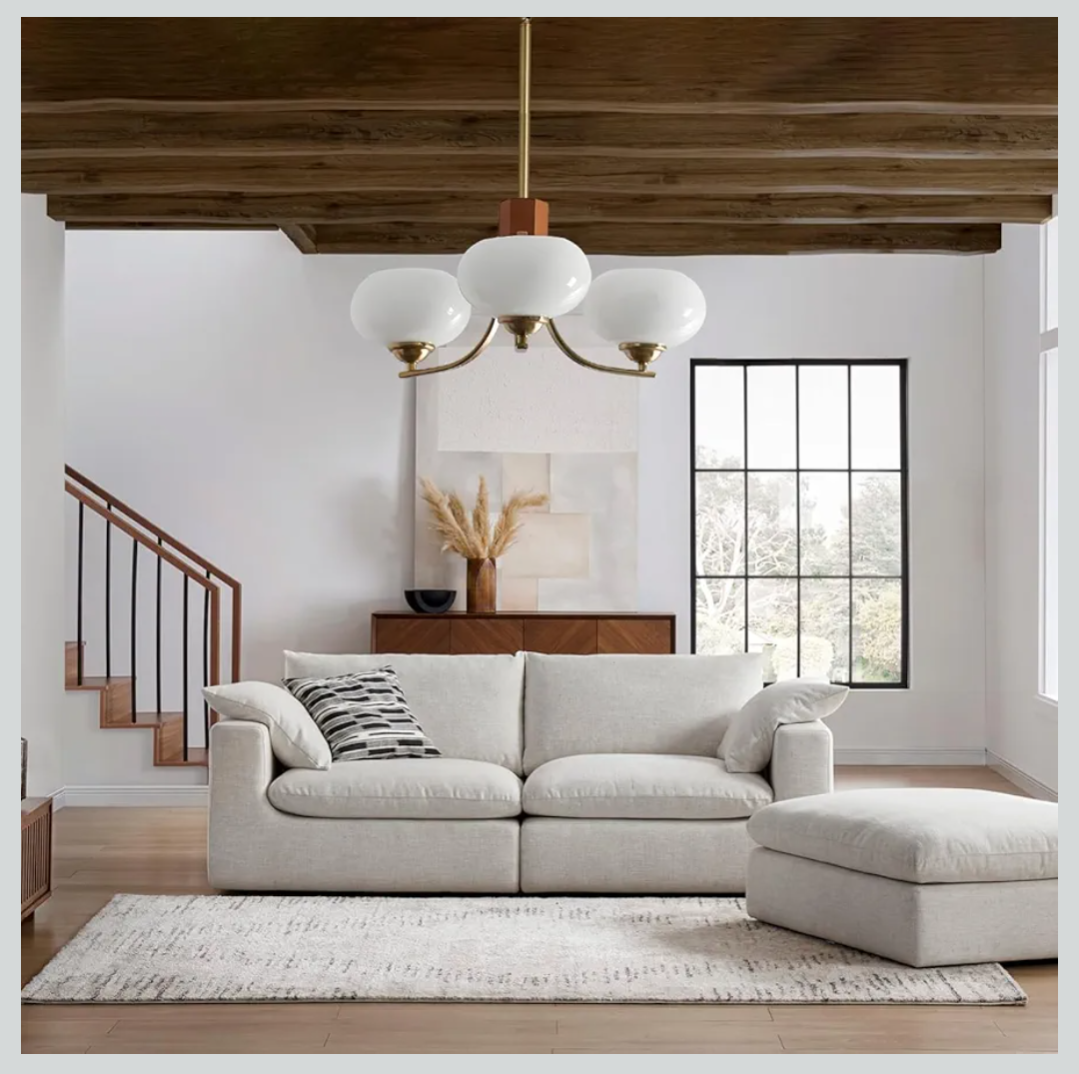 Lustre 3 globes laiton brossé mi-siècle  3-Globe Brushed Brass Mid-Century Chandelier 𝗕𝗢𝗞𝗧